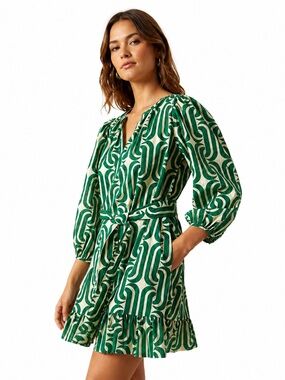 Velvet by Graham & Spencer Felicity Dress Green Geometric Belted XL Like New!